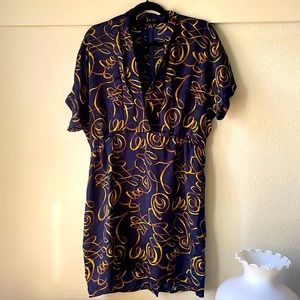 Vintage navy and gold printed mini short sleeve dress